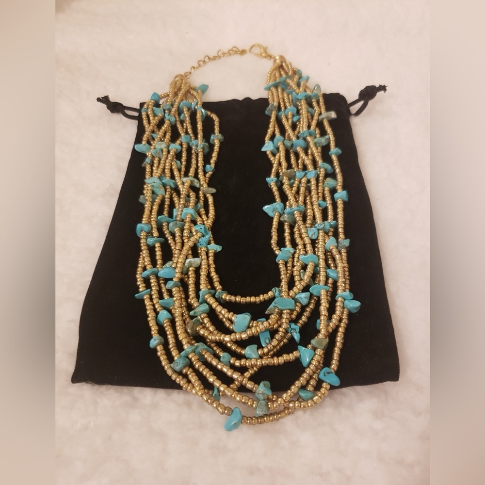 Turquoise Shell with gold beads Necklace BRAND NEW with velvet bag